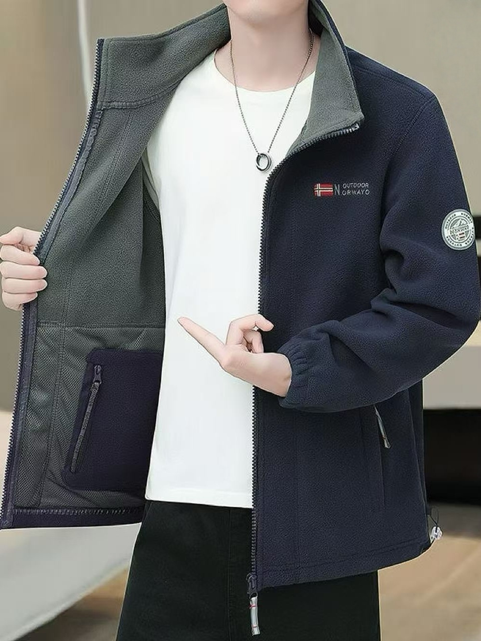 후리스 뽀글이 커플 점퍼 빅사이즈 바람막이 양털 집업 겨울 여성 자켓 가디건 네이비 XS - 상품 이미지