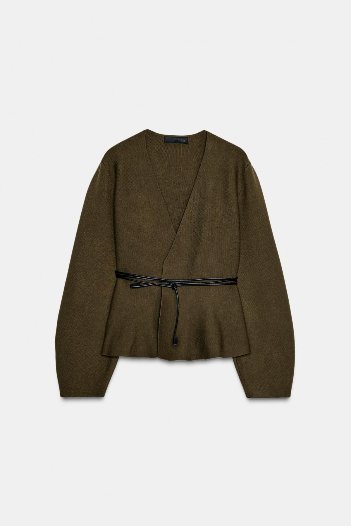 자라 벨티드 브이넥 니트 가디건 카키 9598/252 DARK KHAKI - 상품 이미지