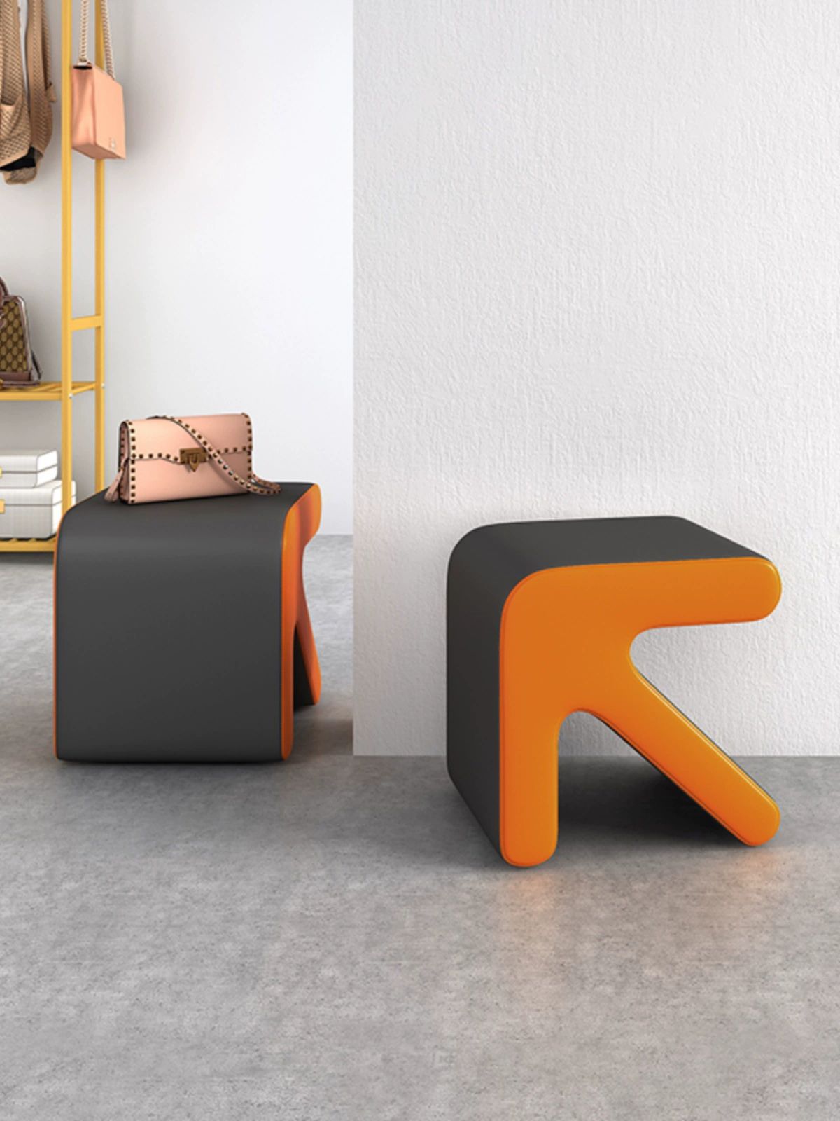 현관 신발 벤치 스툴 입구용 의자 거실 수납 벤치형 스몰 35x32x35cm 오렌지-화이트