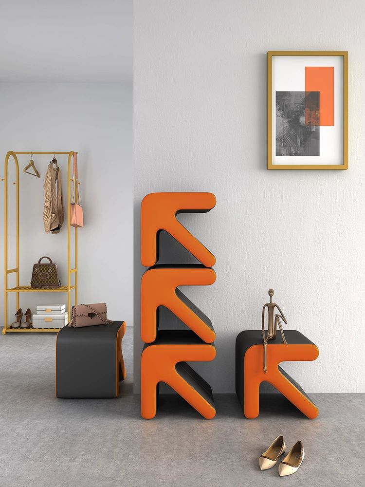 현관 신발 벤치 스툴 입구용 의자 거실 수납 벤치형 스몰 35x32x35cm 오렌지-화이트