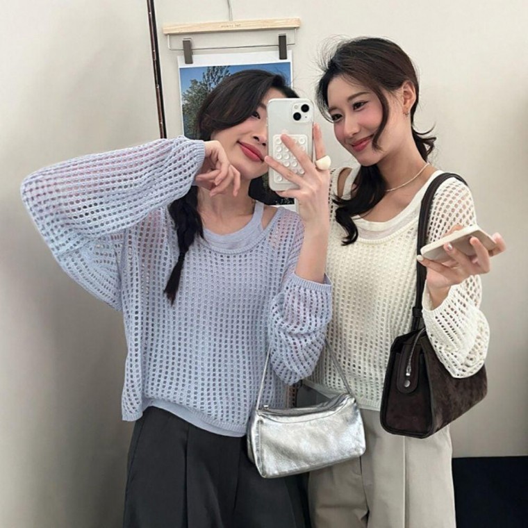 스타일 니트 오버핏 라운드넥 여자 그물 펀칭 - 상품 이미지
