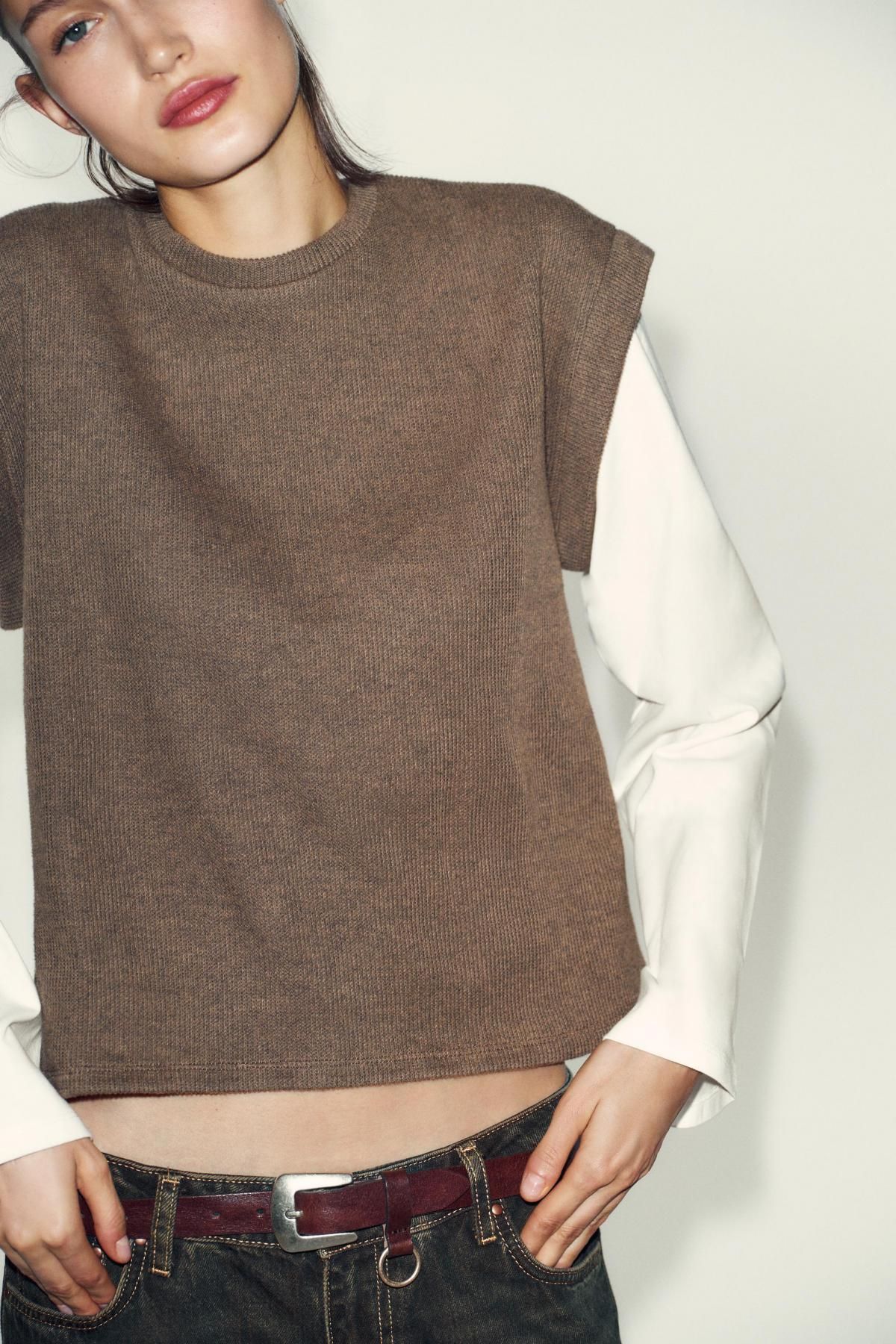 자라 니트 조끼 콤비 긴팔 티셔츠 0264/470 ECRU / BEIGE - 상세 이미지 3