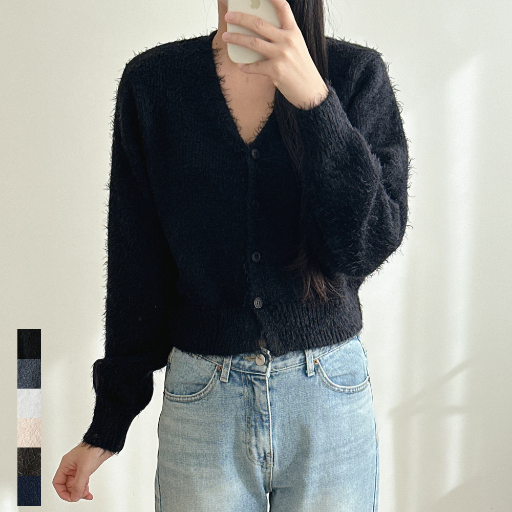 여성 브이넥니트 가디건 크롭 부클 루즈핏 가을 겨울 봄 블랙 브라운 화이트 빅사이즈 - 상품 이미지