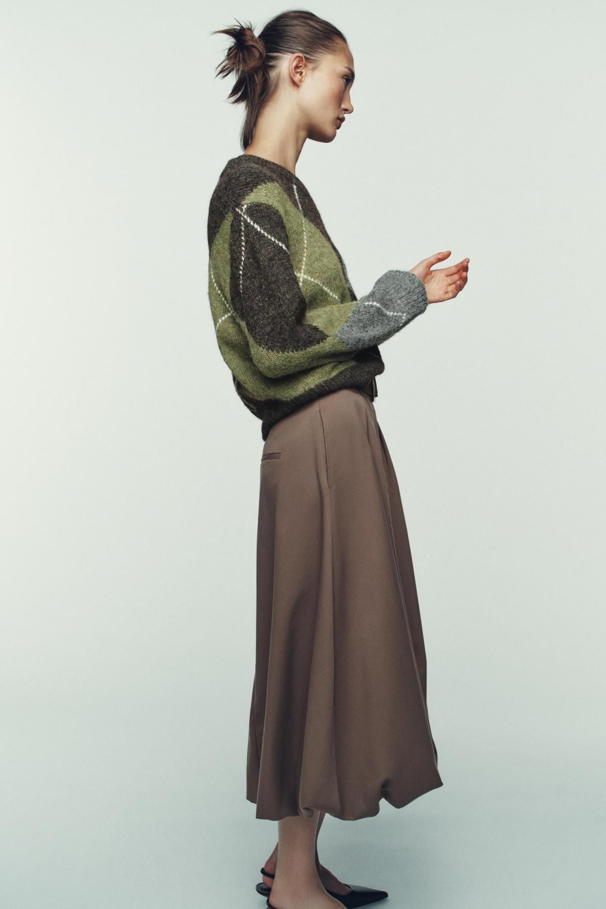 자라 아가일 패턴 루즈핏 브이넥 니트 스웨터 5755/152 BROWN / GREEN - 상세 이미지 4