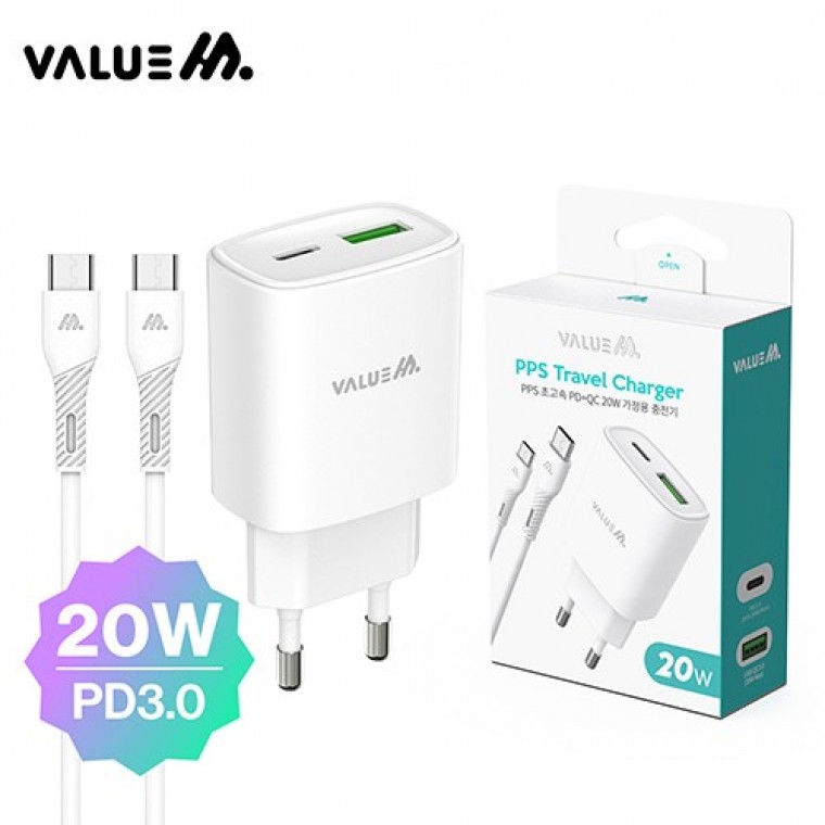 밸류엠 PD 3.0+QC 3.0 20W 2포트 고속 분리형 가정용 충전기 (CTOC 1.2M 25W 케이블 포함) - 상품 이미지