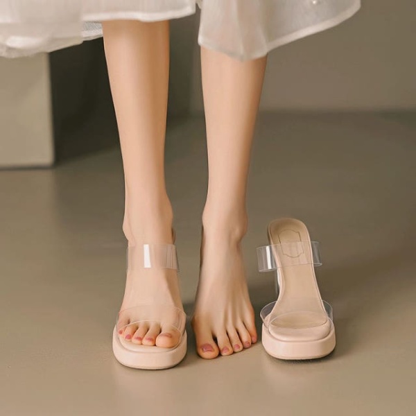 블링블링 통굽 누드 큐빅 투명 보석 오픈토 웨지힐 슬리퍼샌들 누드색 8cm - 상품 이미지