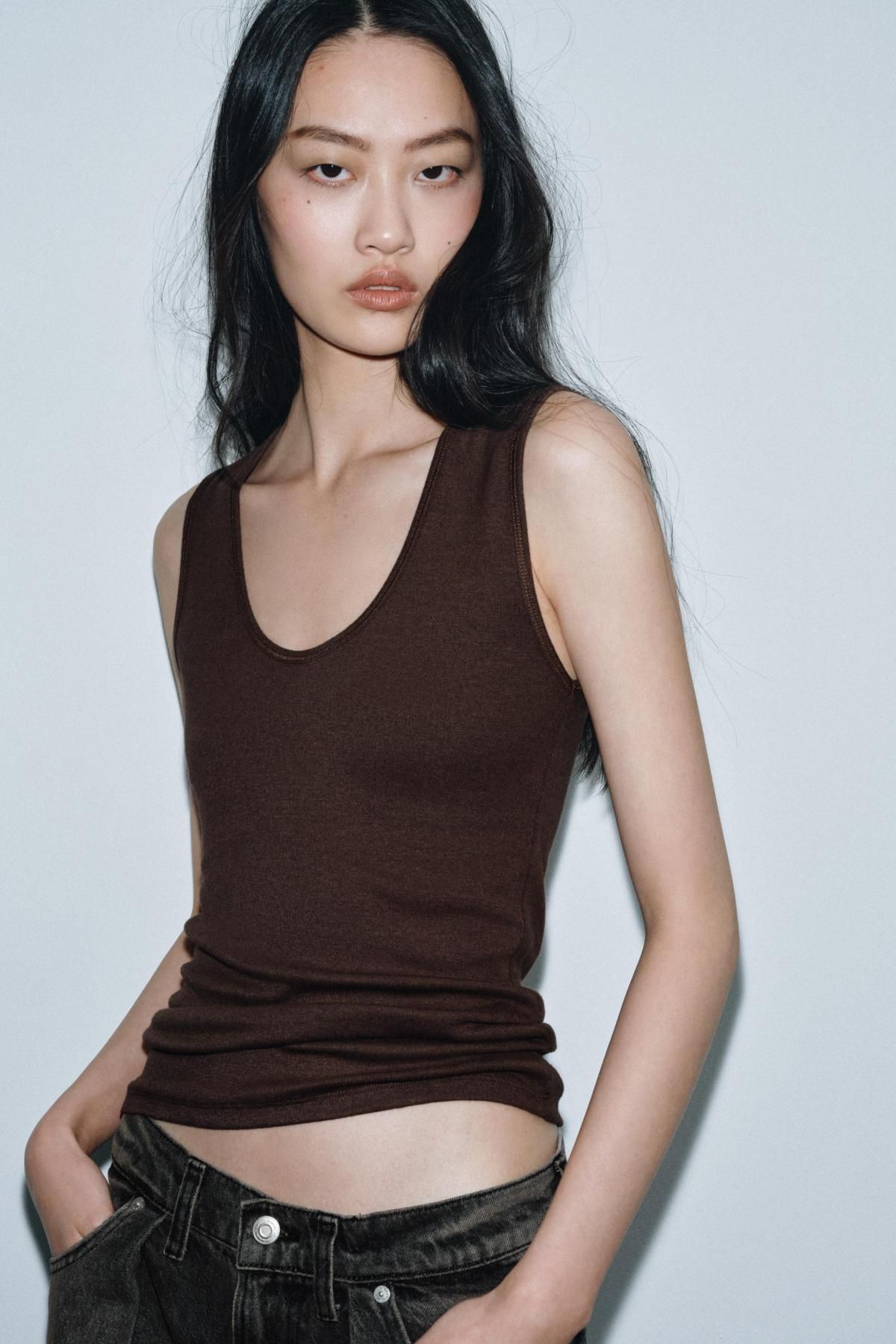 자라 브라운 슬림핏 라운드넥 민소매 탑 0264/764 BROWN MARL - 상세 이미지 3