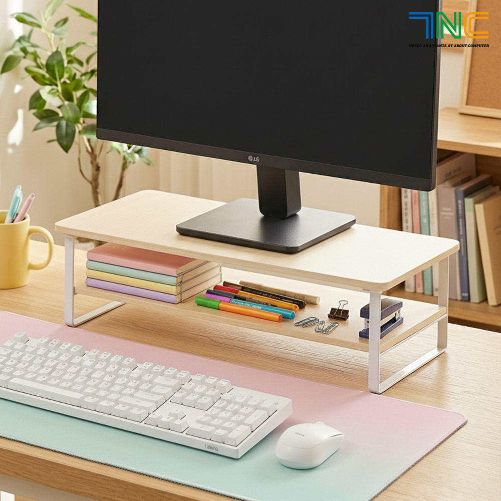 7NC 2단 모니터받침대 높은 우드 선반 받침 서랍형 스탠드 사무실 책상 듀얼 컴퓨터 대형