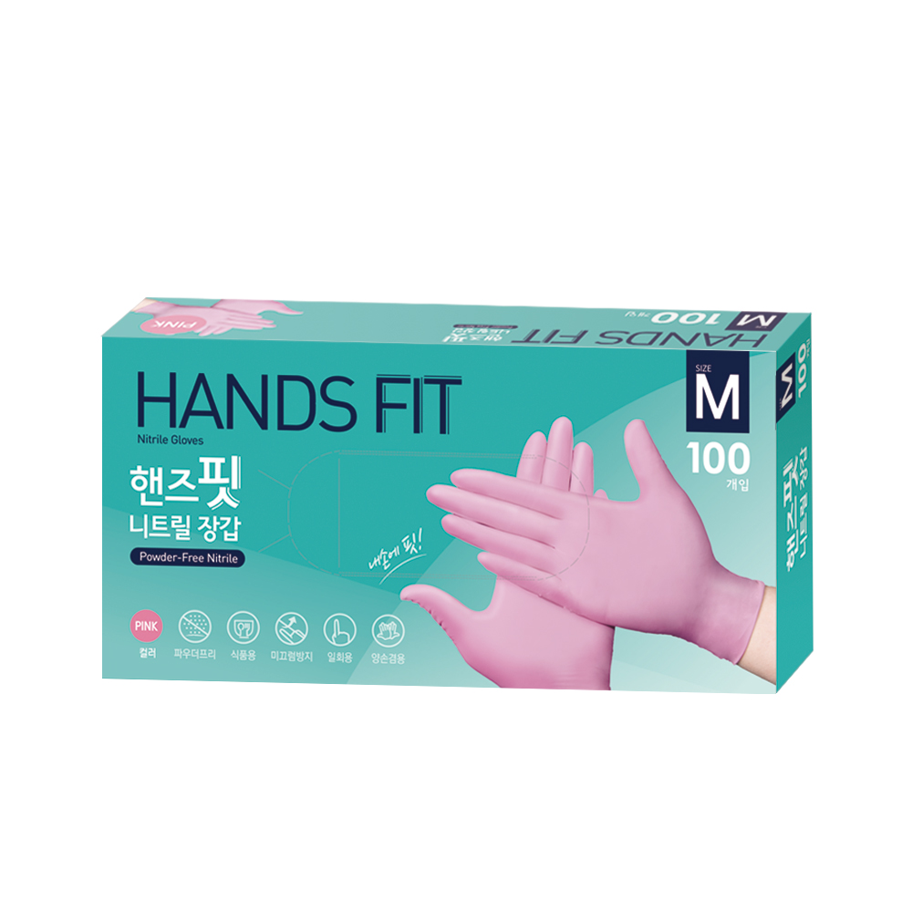 핸즈핏 니트릴장갑 100매 분홍 일회용 식품 요리 라텍스 프리 M(중형), 핑크, 1개