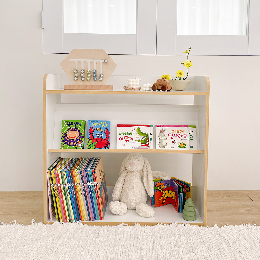 심플룸 올인원 아기 전면 책장 교구장 3단 화이트 아이 어린이 낮은