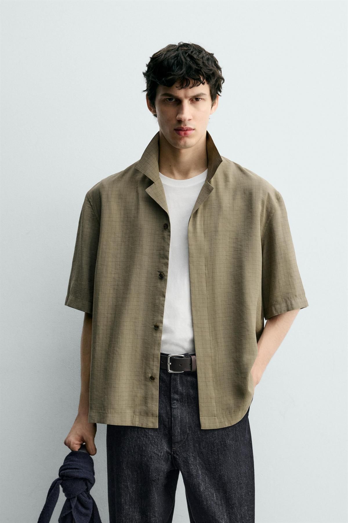 자라 테크니컬 모달 오픈카라 반팔 셔츠 4097/791 KHAKI - 상세 이미지 3