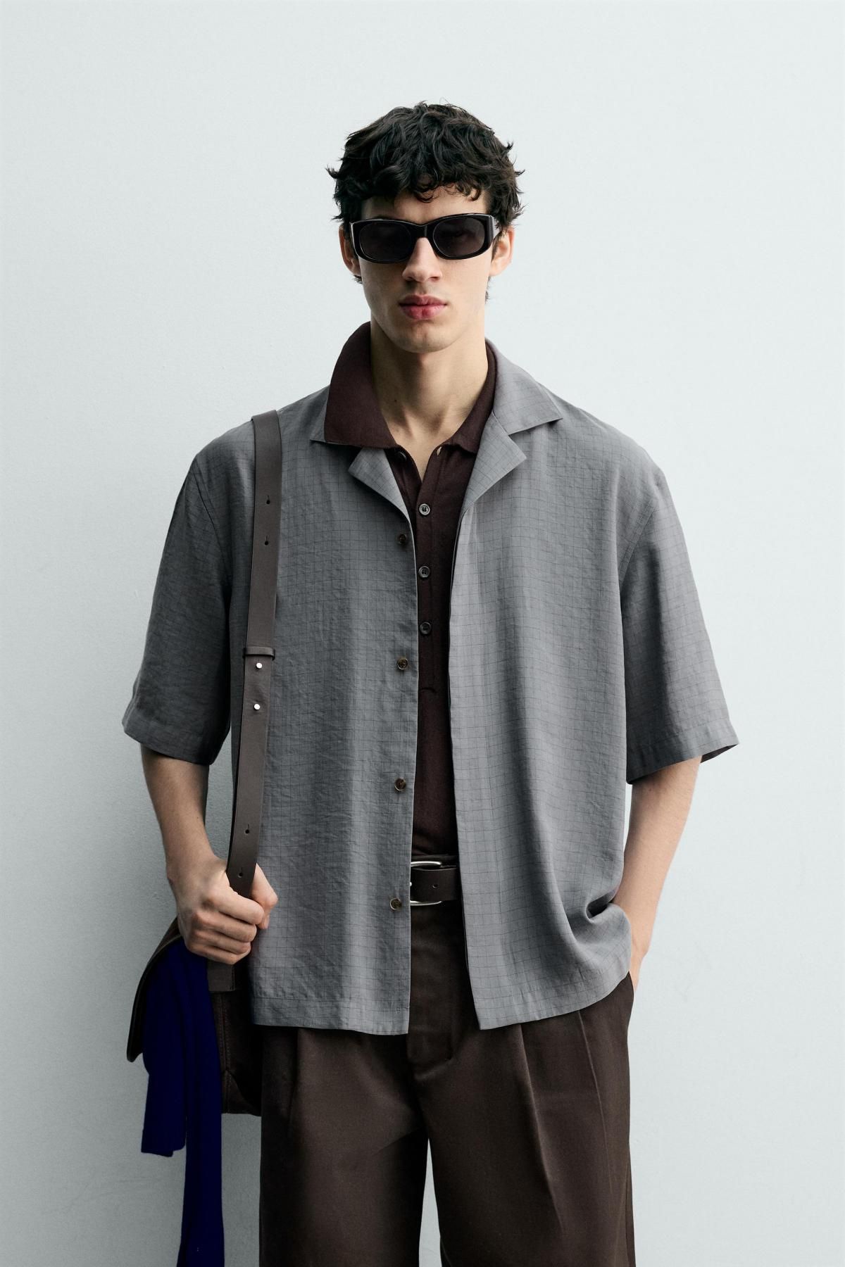 자라 테크니컬 모달 릴렉스핏 체크 반팔 셔츠 4097/791 GREY / BLUE - 상세 이미지 3