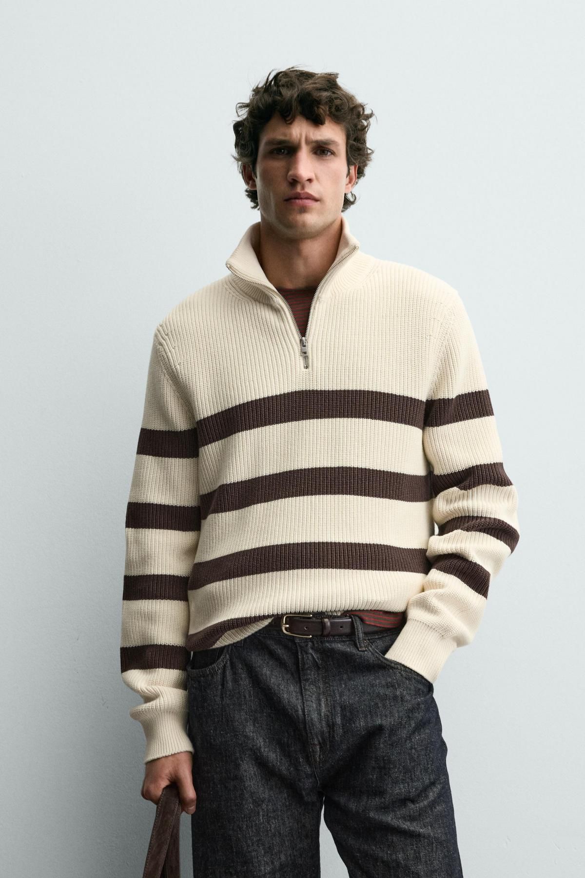 자라 스트라이프 하프집업 니트 스웨터 3284/400 ECRU / BROWN - 상세 이미지 3