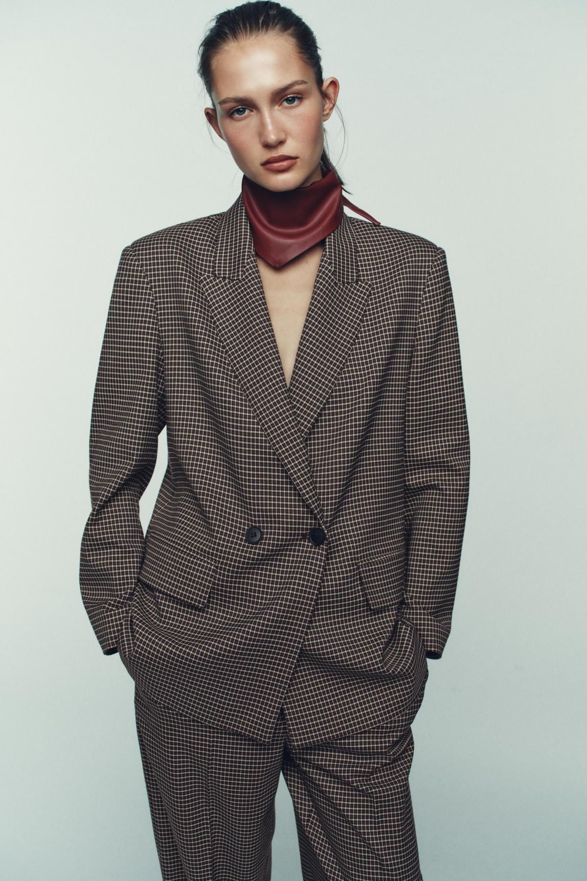자라 오버핏 체크 더블브레스트 블레이저 2036/678 BROWN / ECRU - 상세 이미지 3