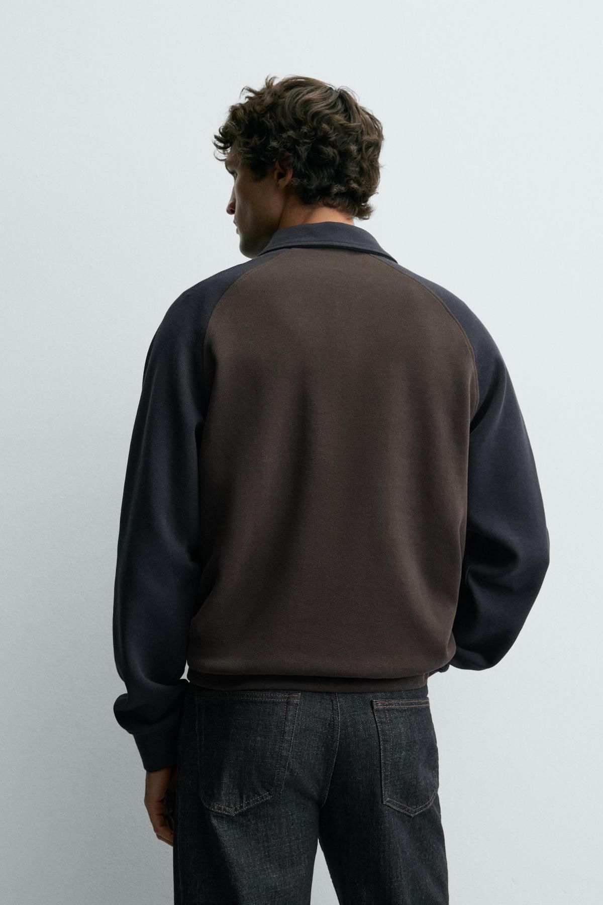 자라 컬러블록 래글런 긴팔 폴로 셔츠 0526/347 BROWN-BLUE - 상세 이미지 4