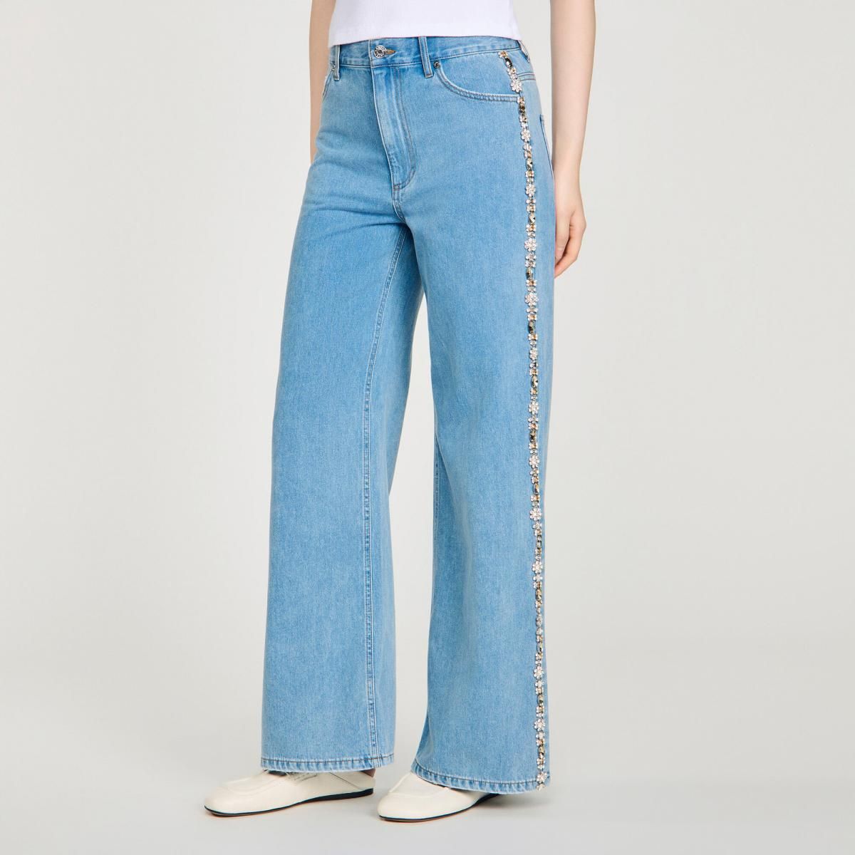 산드로 스트라스 와이드 스트레이트핏 데님 팬츠 SFPJE00797_4785 JEANSBLAU - 상품 이미지