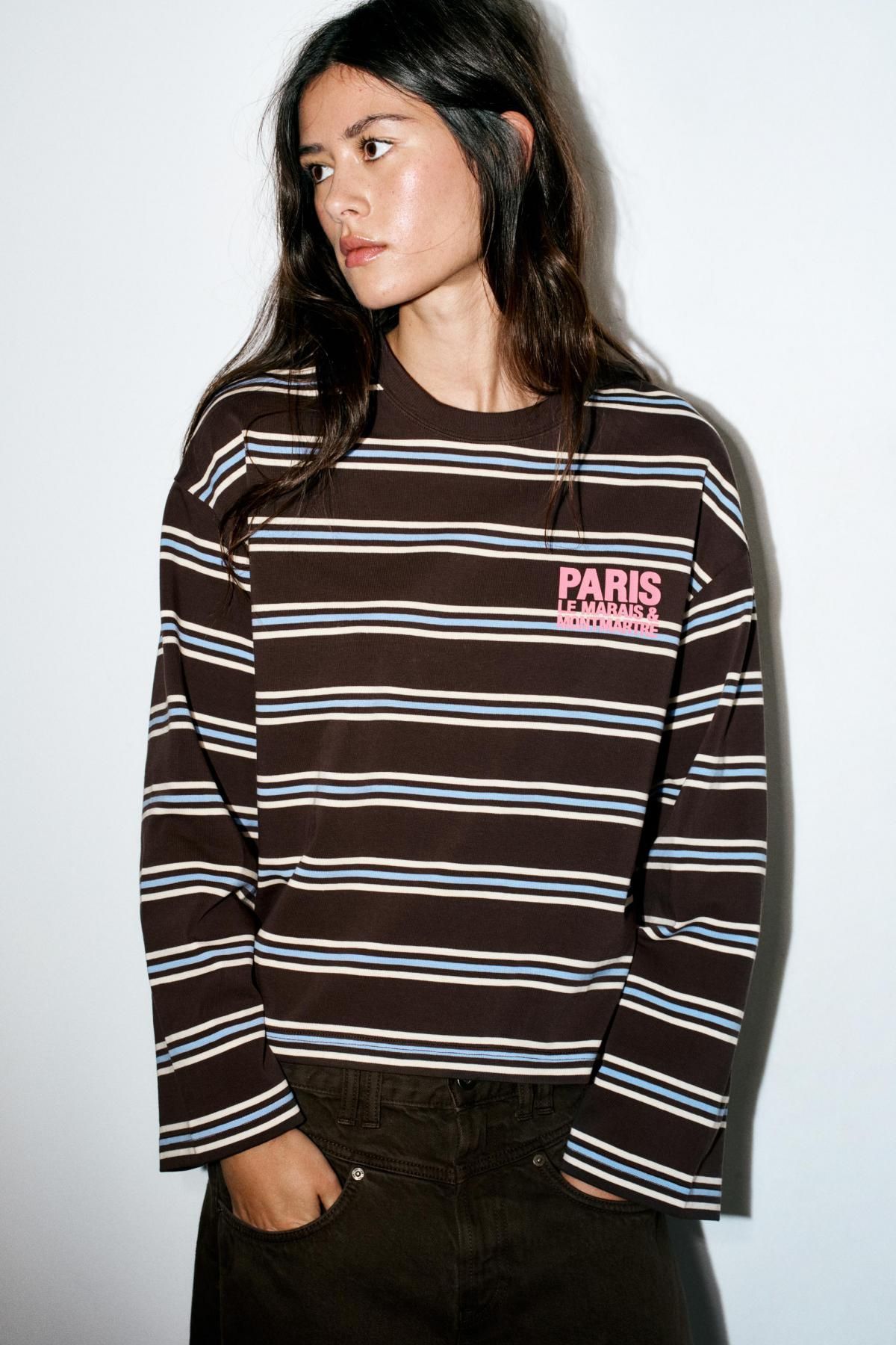자라 스트라이프 텍스트 라운드넥 긴팔 티셔츠 0264/830 BROWN STRIPES - 상세 이미지 2