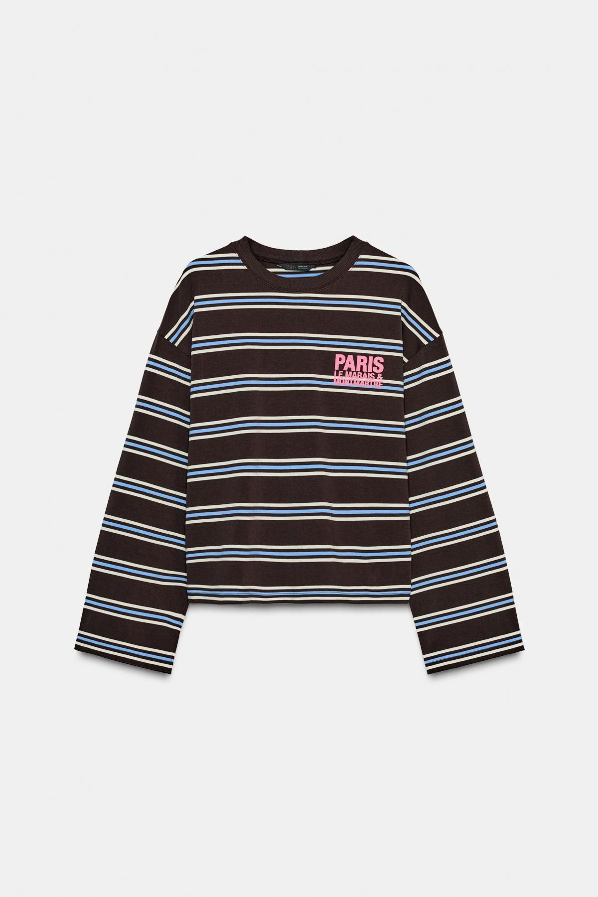 자라 스트라이프 텍스트 라운드넥 긴팔 티셔츠 0264/830 BROWN STRIPES - 상품 이미지