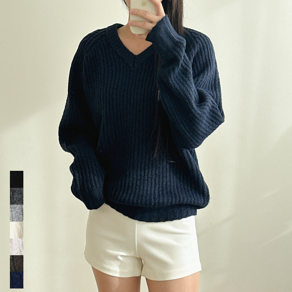 여성 브이넥니트 부드러운 울 하찌 나그랑 루즈핏 가을 겨울 네이비 블랙 화이트 빅사이즈 제품 이미지