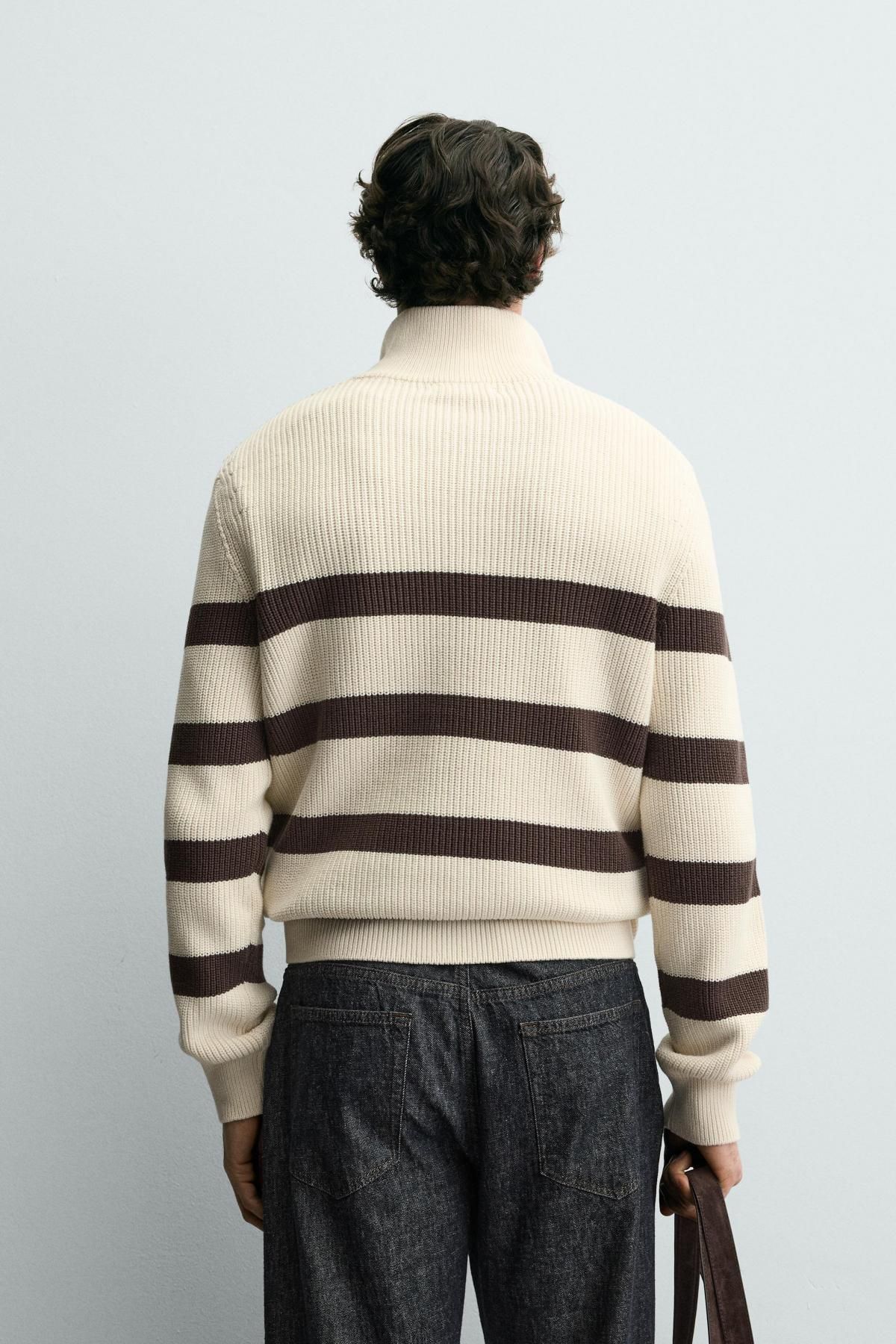 자라 스트라이프 하프집업 니트 스웨터 3284/400 ECRU / BROWN - 상세 이미지 4