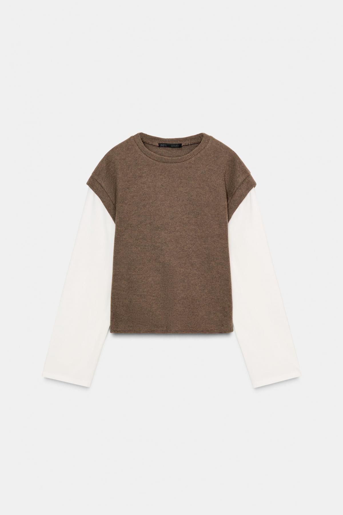 자라 니트 조끼 콤비 긴팔 티셔츠 0264/470 ECRU / BEIGE - 상품 이미지