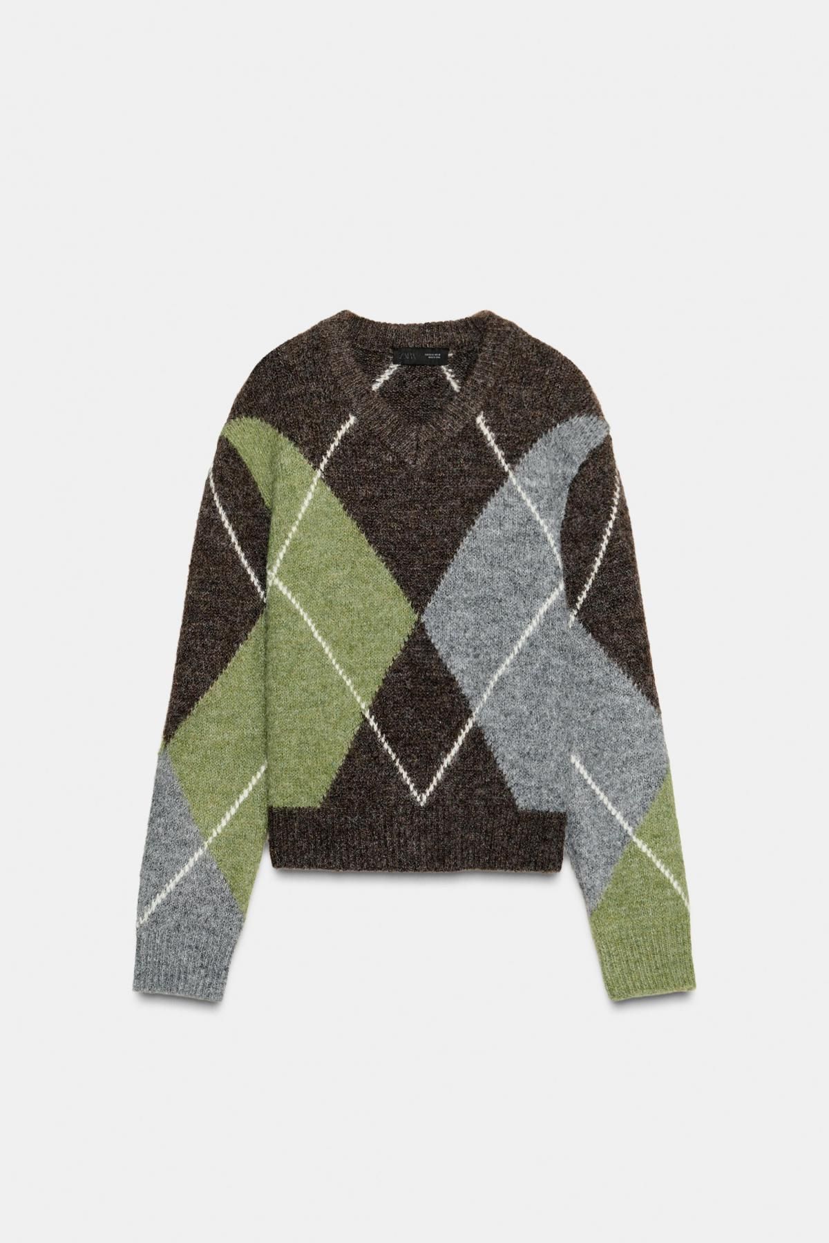 자라 아가일 패턴 루즈핏 브이넥 니트 스웨터 5755/152 BROWN / GREEN - 메인 이미지