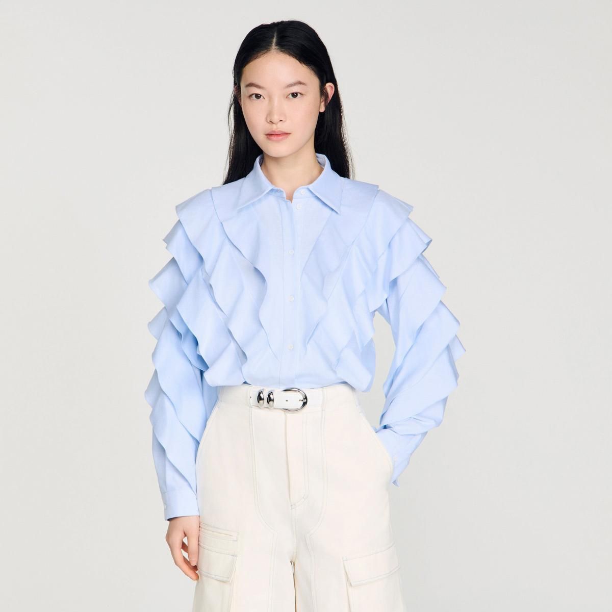 산드로 러플 코튼 블라우스 SFPCM01569_40 HIMMEL-BLAU - 상세 이미지 5