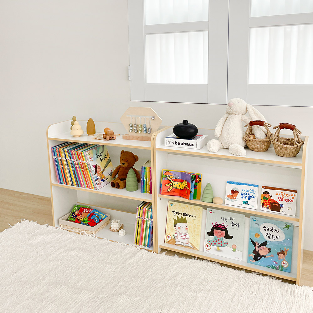 심플룸 올인원 아기 전면 책장 교구장 3단 화이트 아이 어린이 낮은
