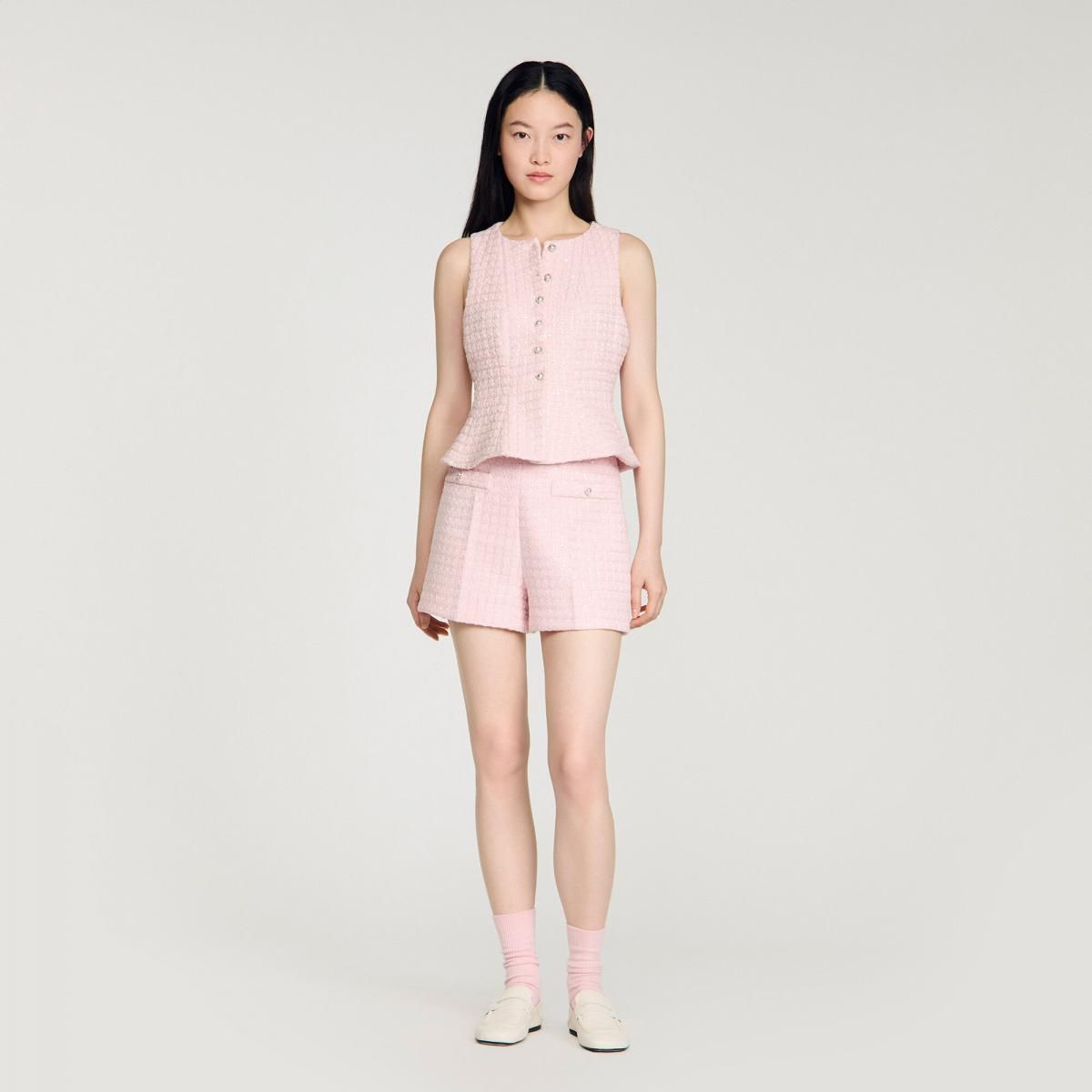 산드로 트위드 체크 시퀸 미니 반바지 SFPSH00595_60 ROSA - 상세 이미지 4