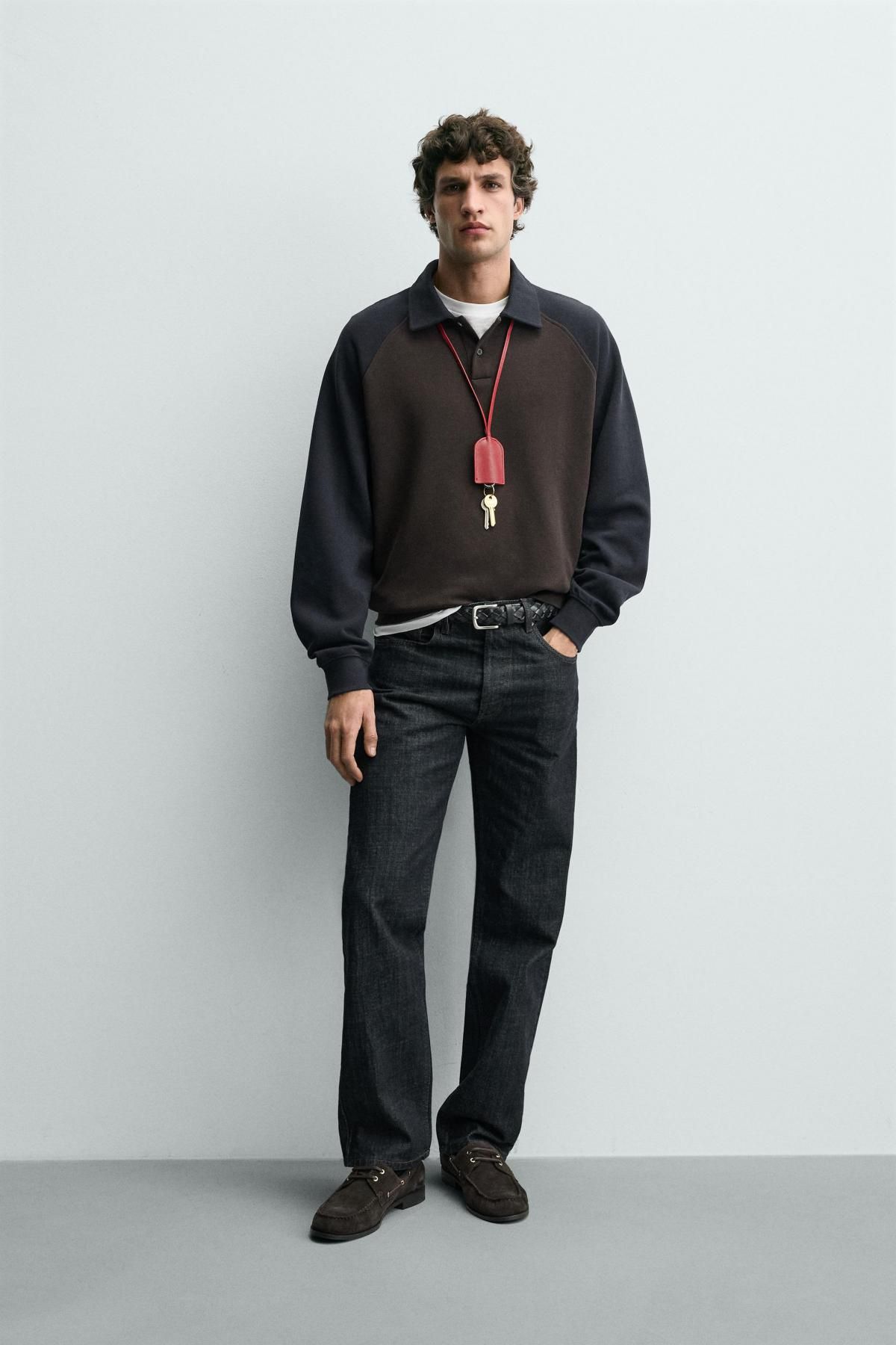 자라 컬러블록 래글런 긴팔 폴로 셔츠 0526/347 BROWN-BLUE - 상세 이미지 2