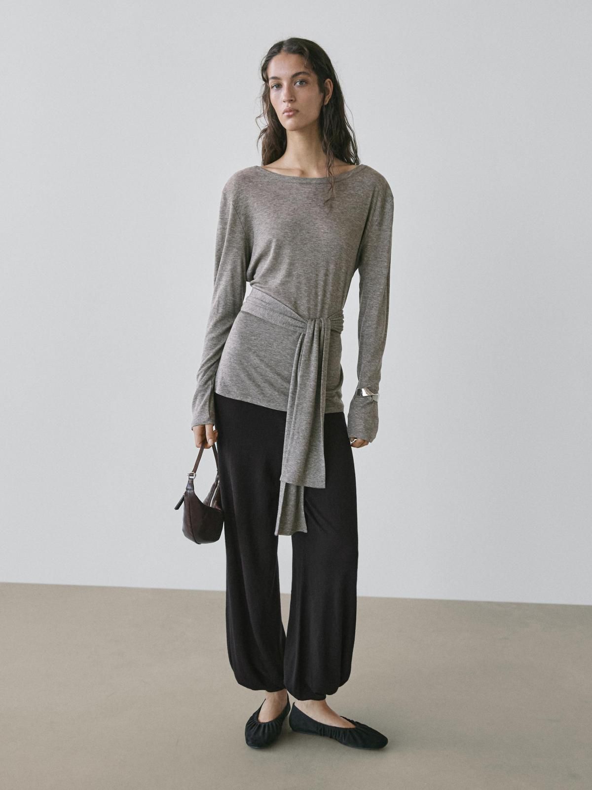 마시모두띠 스트레치 타이 디테일 긴팔 티셔츠 6252/575 GREY MARL - 상세 이미지 2
