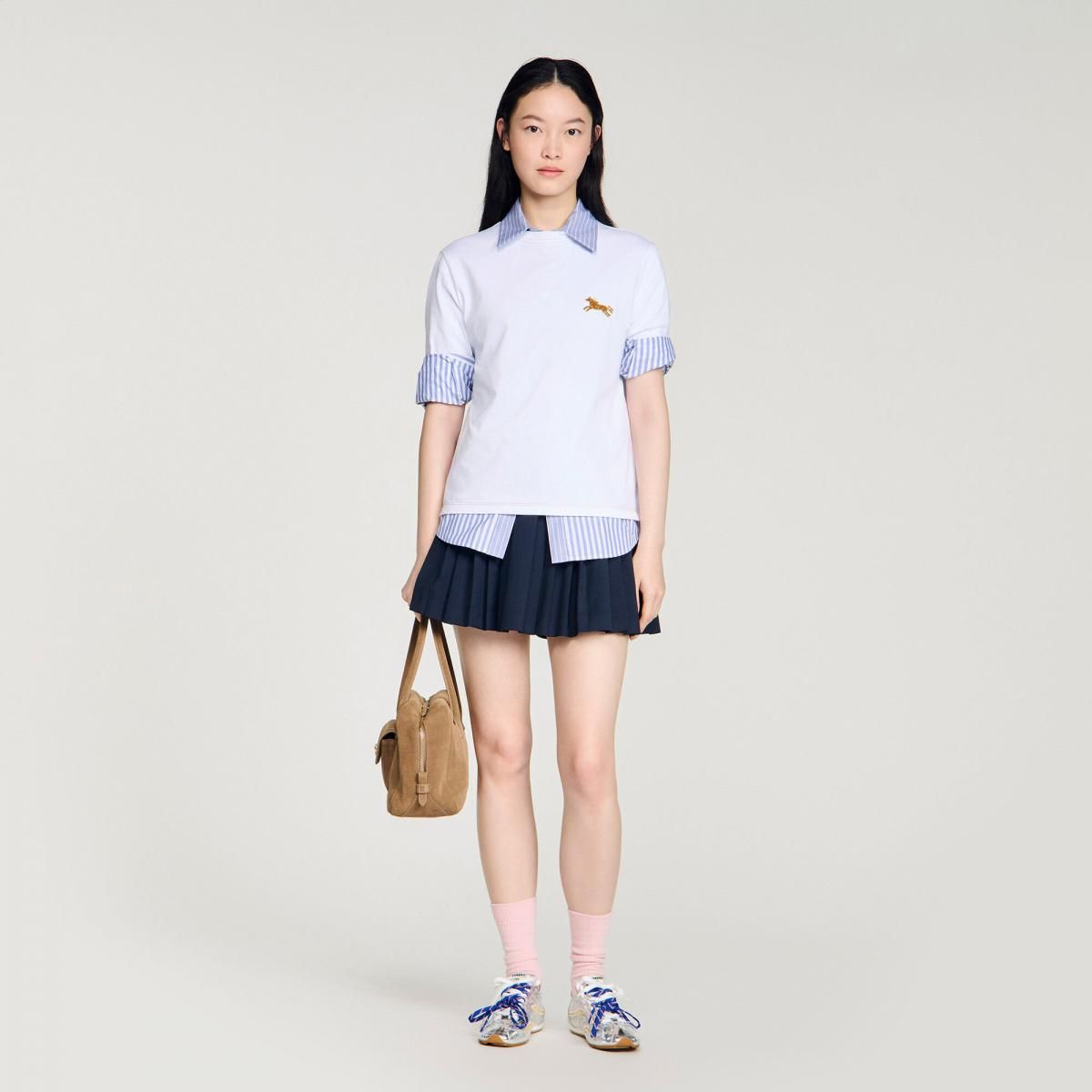 산드로 코튼 말 자수 라운드넥 반팔 티셔츠 SFPTS01777_10 WEISS - 상세 이미지 2