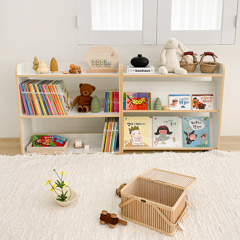 심플룸 올인원 아기 전면 책장 교구장 3단 화이트 아이 어린이 낮은