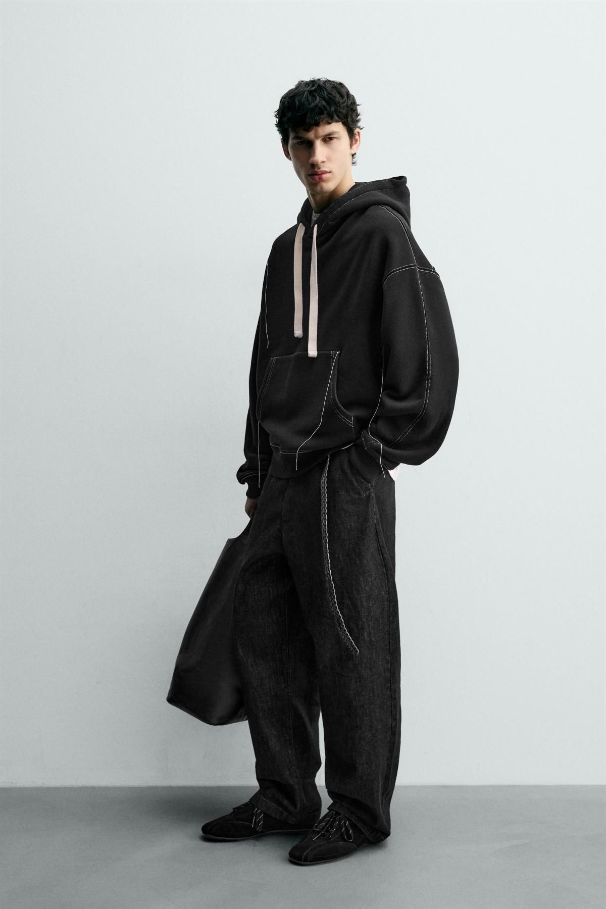 자라 스티치 블랙 후드 스웨트셔츠 5584/380 BLACK - 상세 이미지 5
