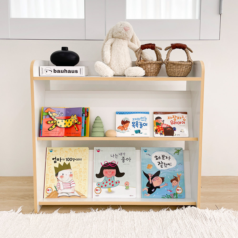 심플룸 올인원 아기 전면 책장 교구장 3단 화이트 아이 어린이 낮은