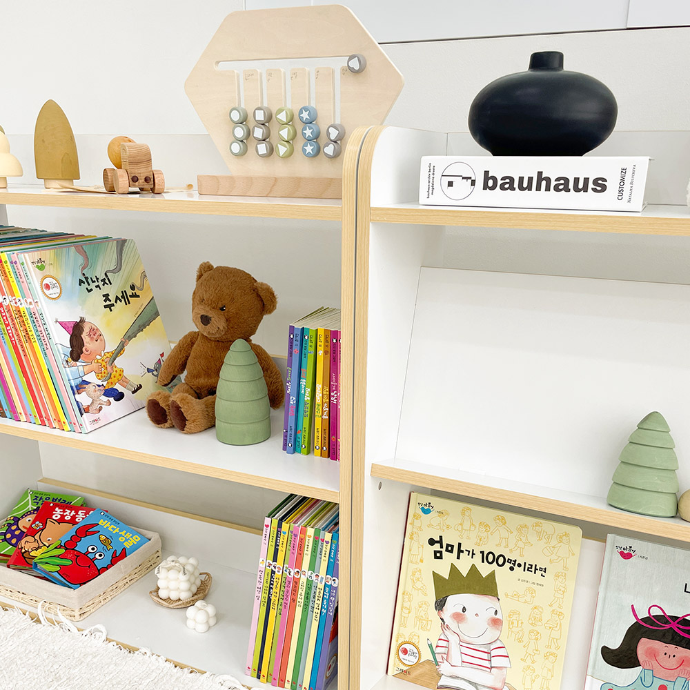 심플룸 올인원 아기 전면 책장 교구장 3단 화이트 아이 어린이 낮은