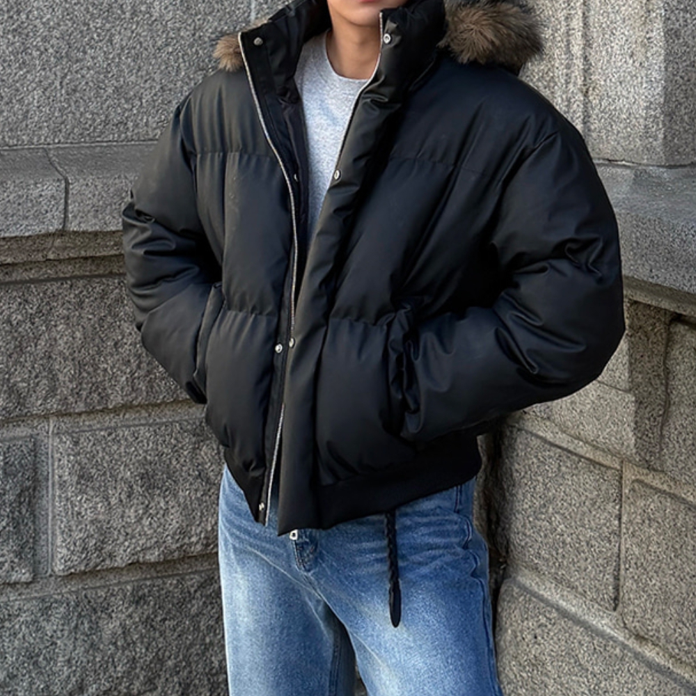 남자 맥거 오버핏 겨울 레더 크롭 후드 퍼 패딩 - 상품 이미지