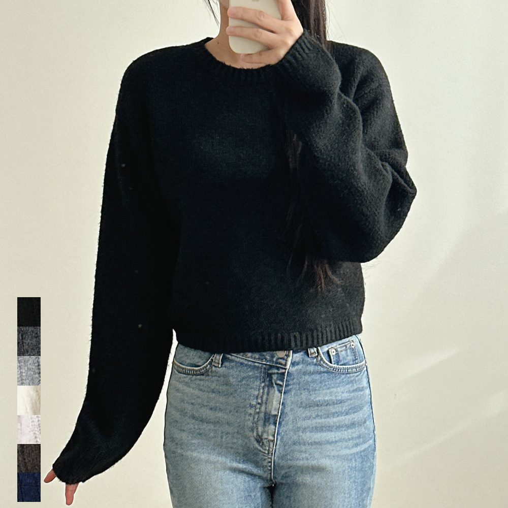 여성 크롭 니트티 라운드넥 울 루즈핏 부드러운 가을 겨울 블랙 화이트 차콜 빅사이즈 - 메인 이미지