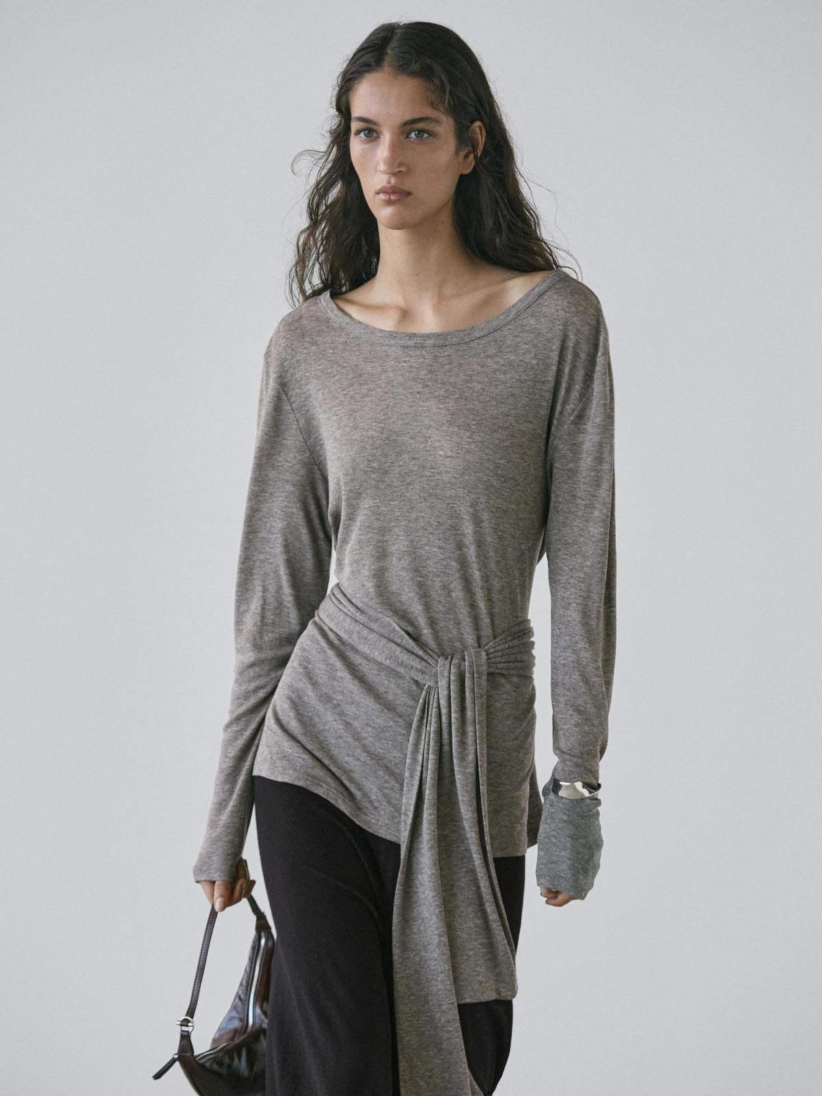 마시모두띠 스트레치 타이 디테일 긴팔 티셔츠 6252/575 GREY MARL - 상세 이미지 3