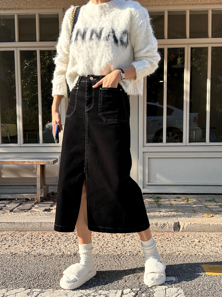 하이웨스트 벨벳 스커트 H라인 롱 스커트 겨울 치마 앞트임 밴딩 기모 치마 이미지 7