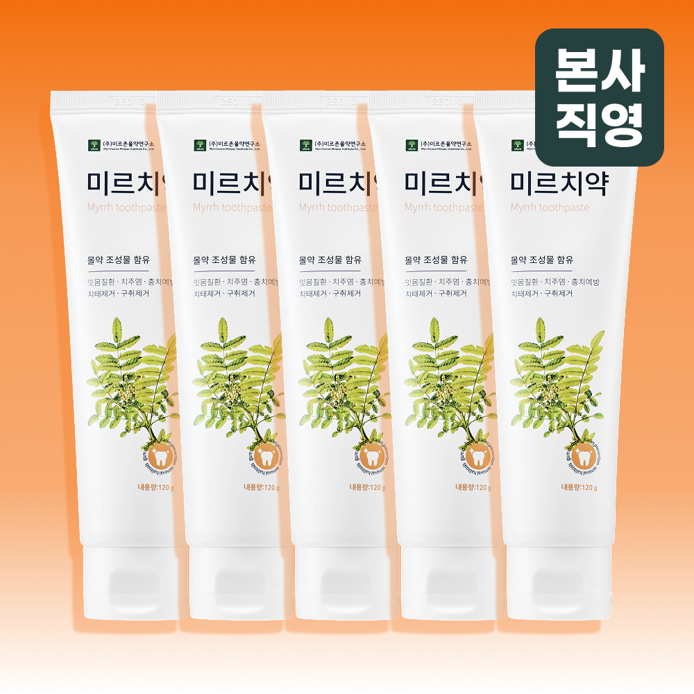미르치약 잇몸치약 구취제거 몰약치약 백태 무불소 순한치약 120g, 5개 - 상품 이미지