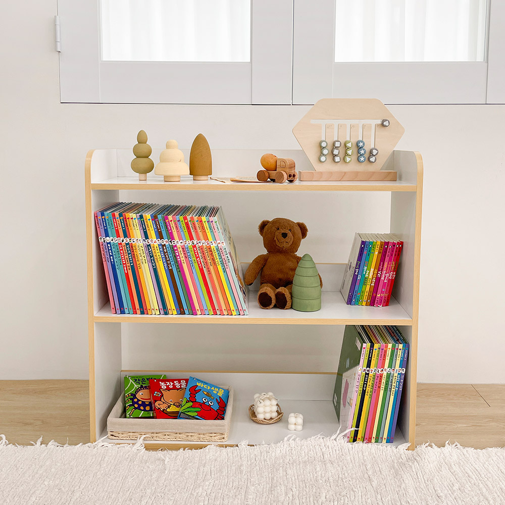 심플룸 올인원 아기 전면 책장 교구장 3단 화이트 아이 어린이 낮은