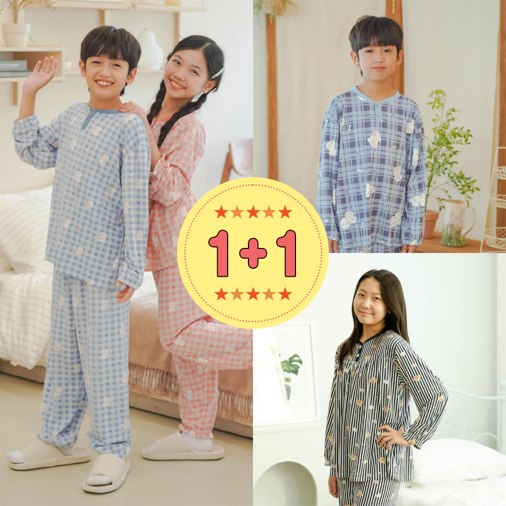 1+1 폭스클럽 잠옷 남성 여성 주니어 원피스 부드러운 피치기모 심플 잠옷 상하세트 제품 이미지