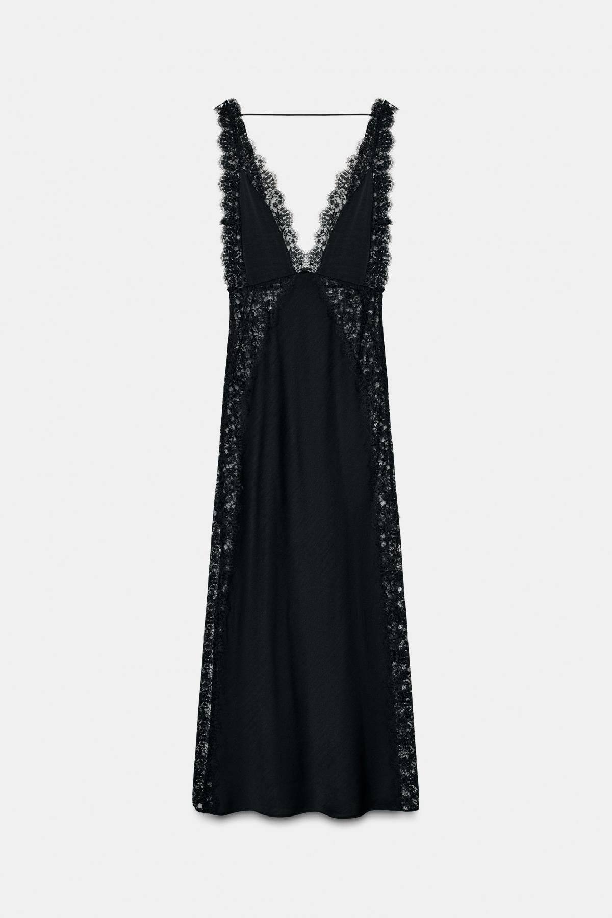자라 한정판 새틴 레이스 브이넥 롱 원피스 5919/214 BLACK - 메인 이미지