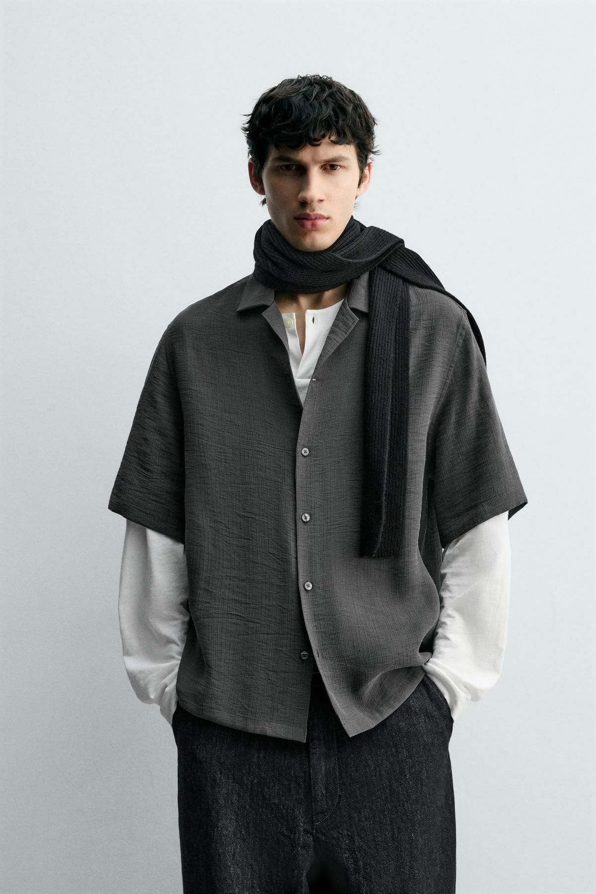 자라 릴렉스핏 반팔 셔츠 다크그레이 오픈카라 4098/789 GREY - 상세 이미지 3