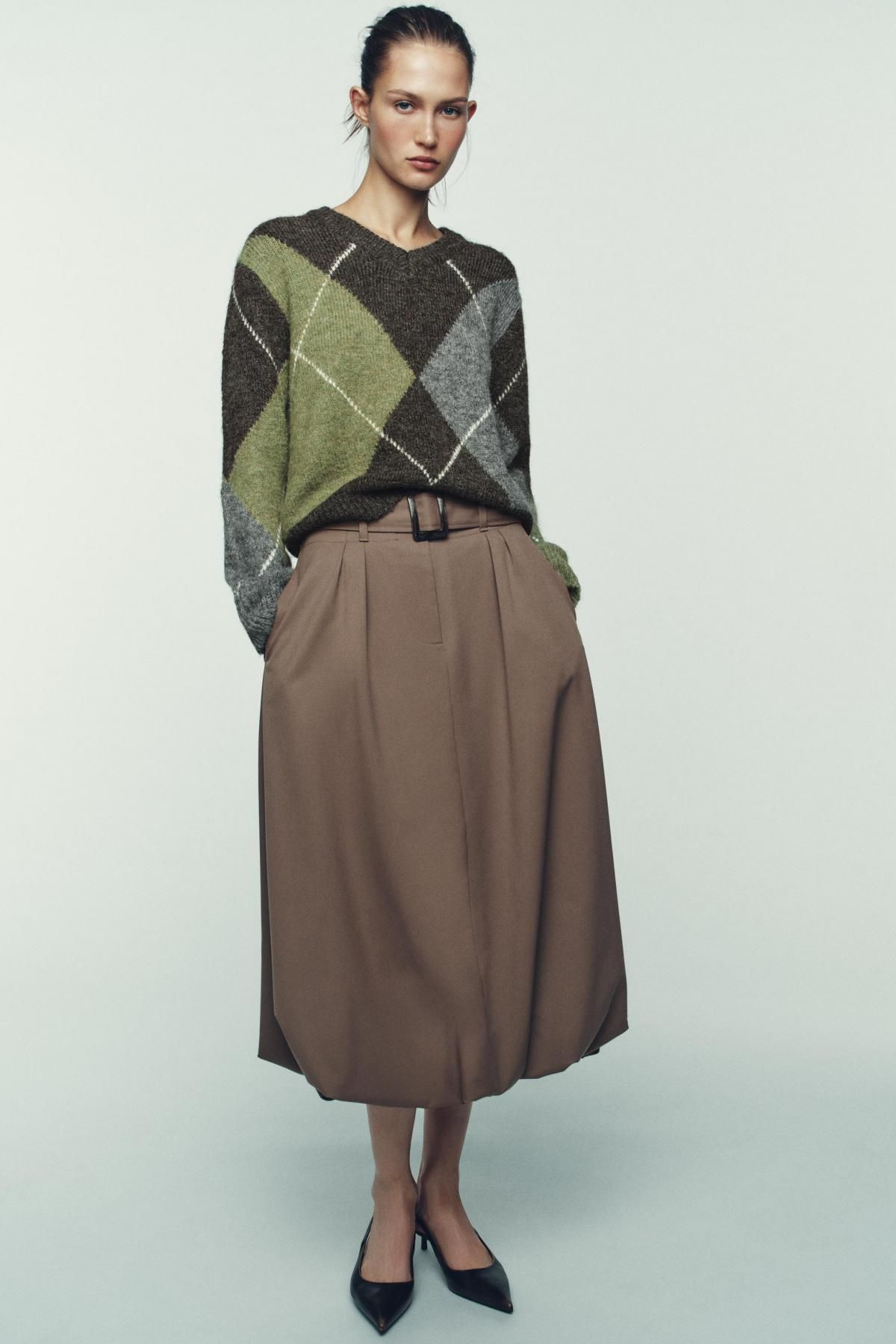 자라 아가일 패턴 루즈핏 브이넥 니트 스웨터 5755/152 BROWN / GREEN - 상세 이미지 2