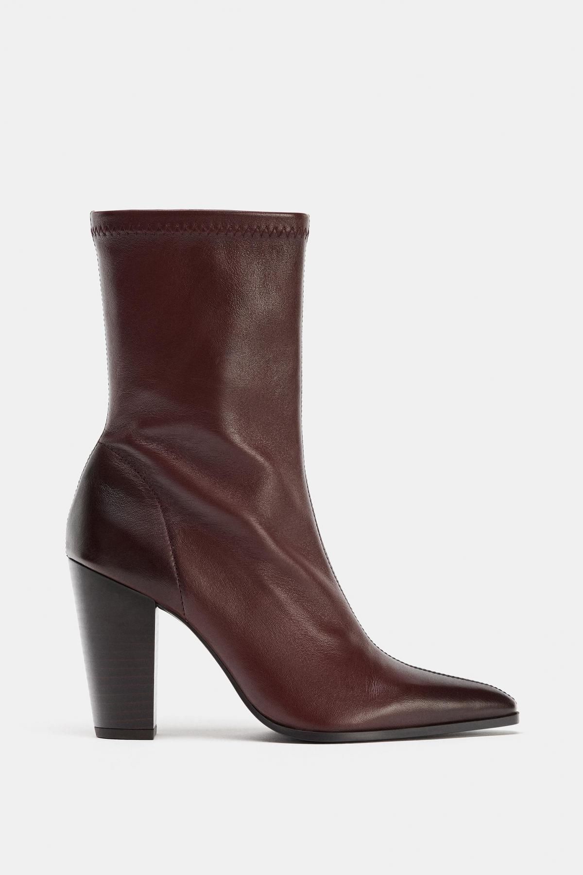자라 가죽 스타일 스티치 하이힐 앵클부츠 2104/710 BURGUNDY RED - 메인 이미지