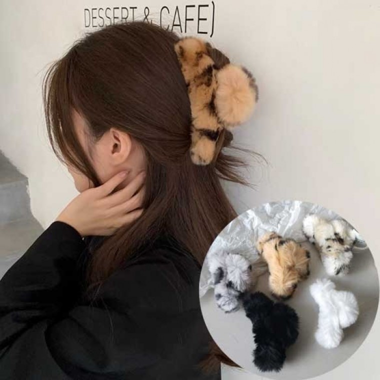 폼폼이 레오파드 호피 밍크 퍼 빅사이즈 올림머리 집게핀 - 상품 이미지