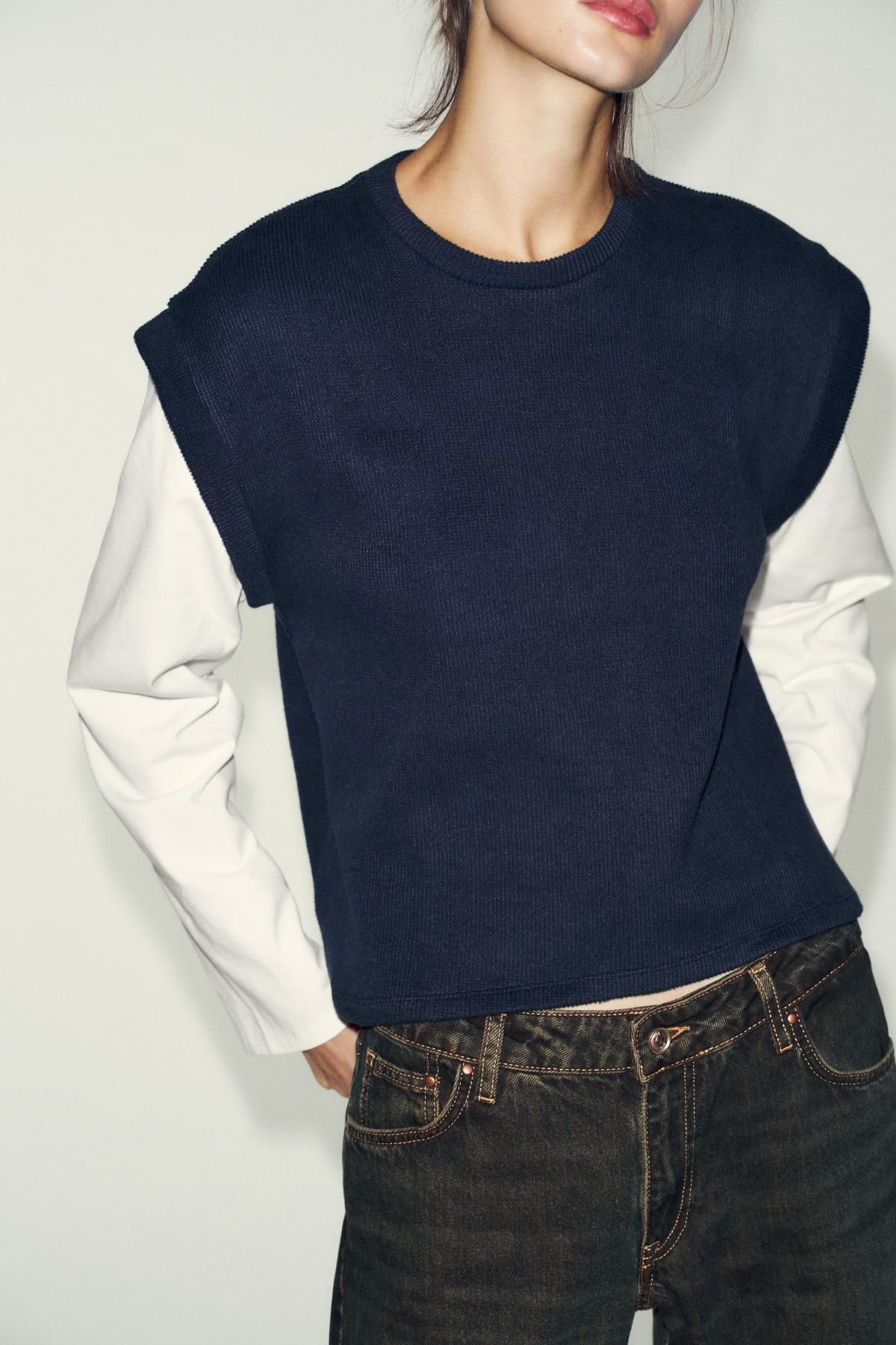 자라 니트 조끼 콤비 긴팔 티셔츠 0264/470 ECRU / NAVY - 상세 이미지 3