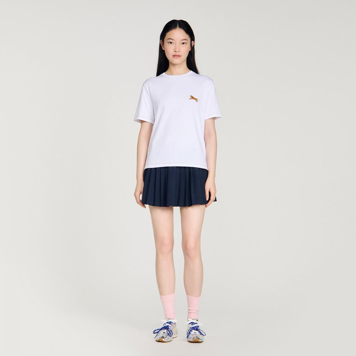 산드로 코튼 말 자수 라운드넥 반팔 티셔츠 SFPTS01777_10 WEISS - 상세 이미지 3